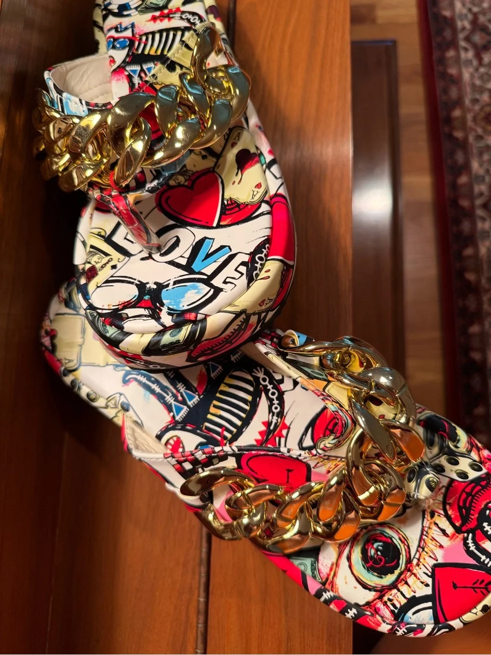 Gold-Chain Graphic Print Slide Sandals - Multicolor